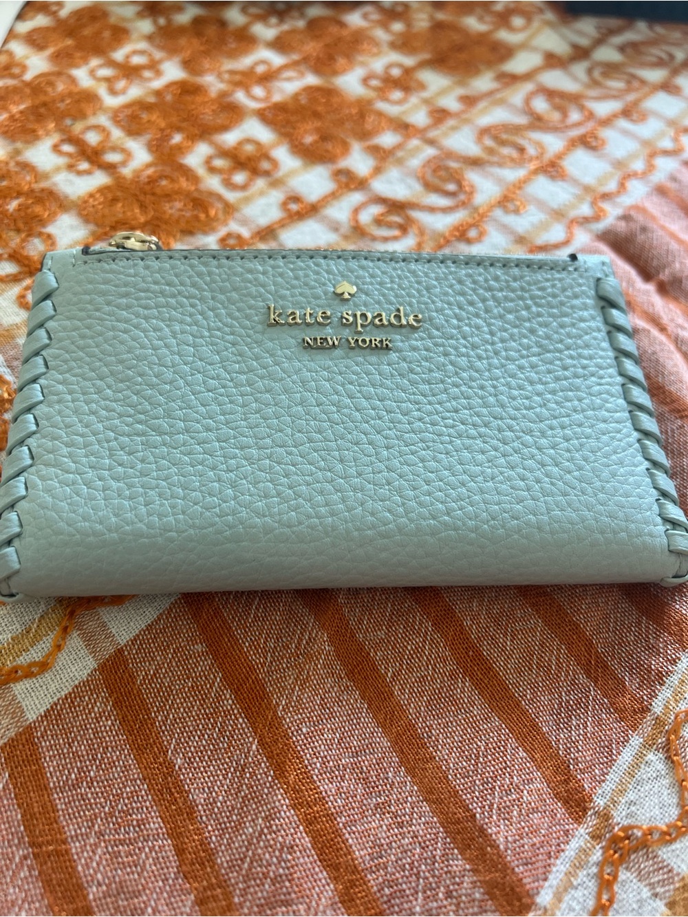 kate spade Light Blue Pebbled Leather Zip Card Wallet with Whipstitch